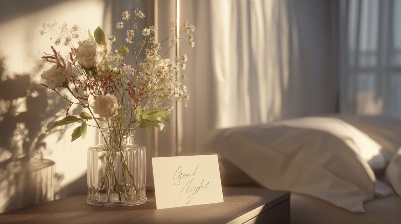 A serene bedroom scene with flowers and a good night card.