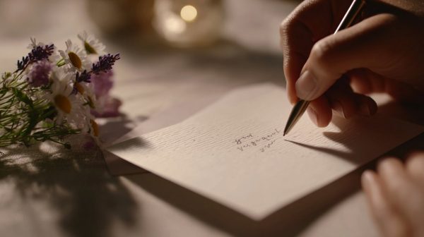 Hands writing a good night message on a card with flowers nearby.