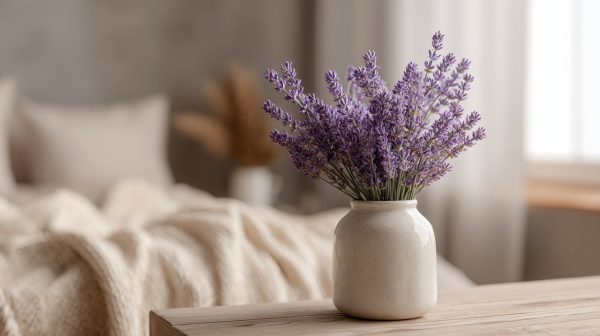 A tranquil bedroom scene with lavender flowers on a bedside table.