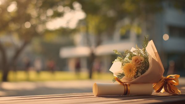 A graduation bouquet and diploma on a campus background.
