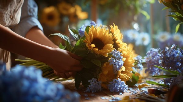 Hands arranging a graduation bouquet with sunflowers and forget-me-nots.