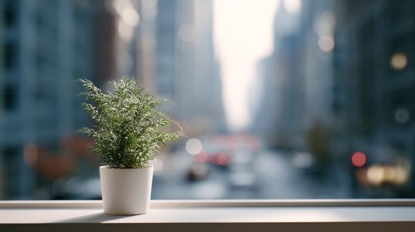 A small potted plant on a windowsill overlooking a city skyline.