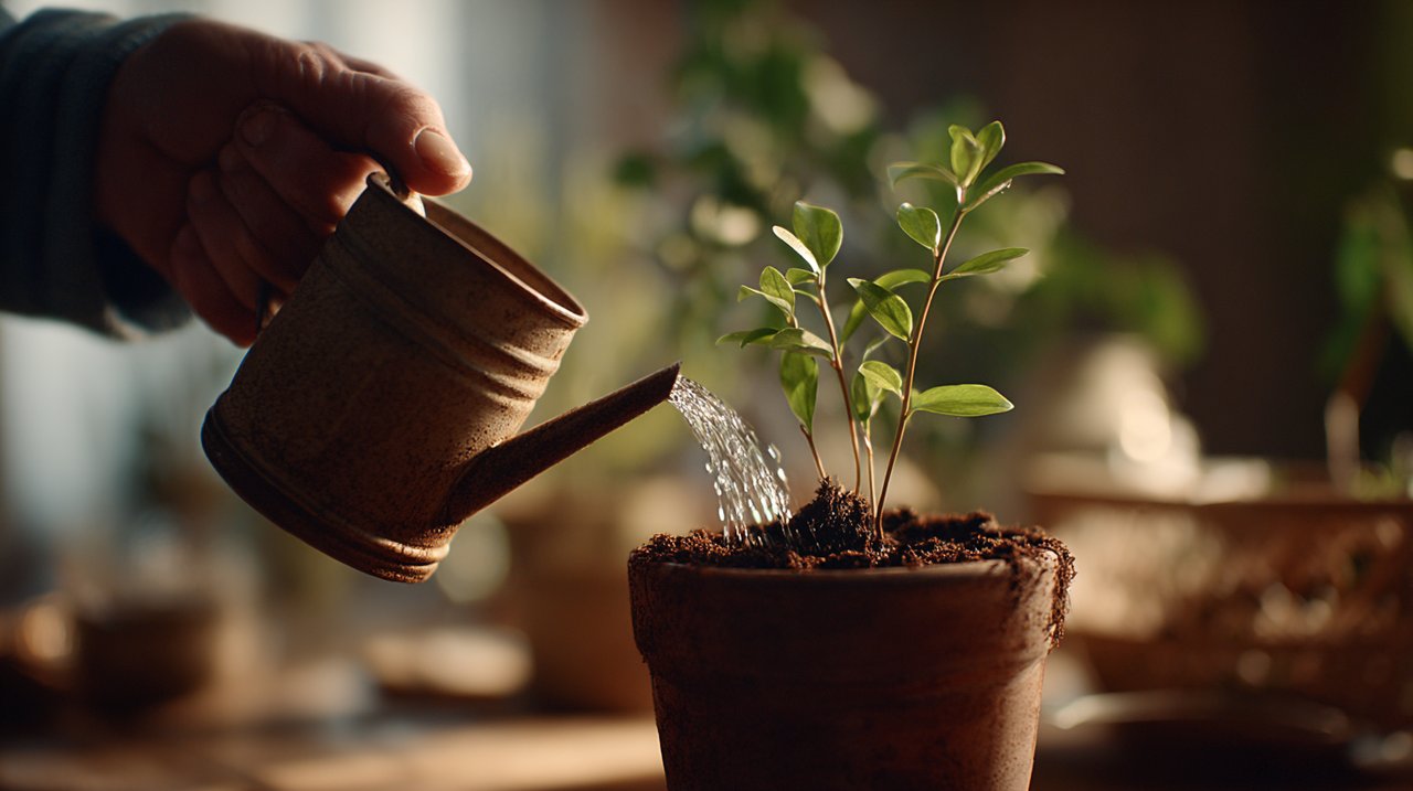 Hands gently tending to a potted plant.