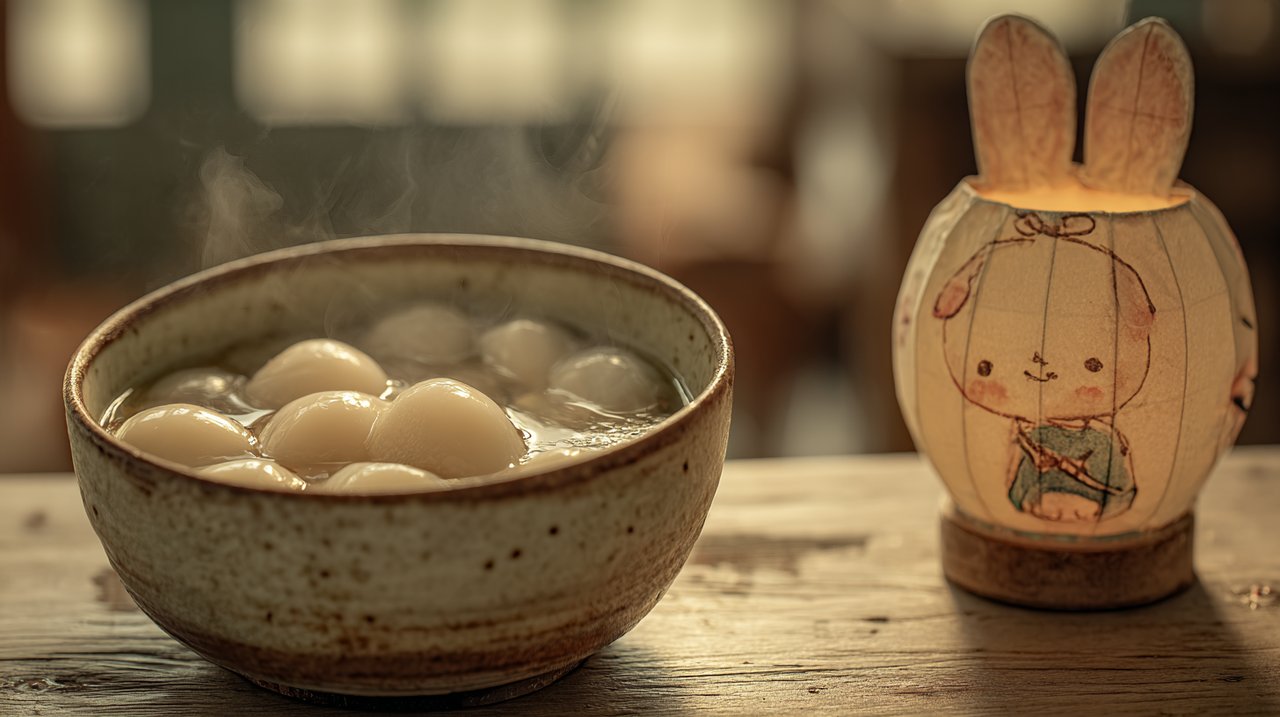 A close-up of a bowl of warm tangyuan and a traditional paper lantern.