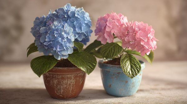 Two potted hydrangeas, one blue and one pink, demonstrating color variation.