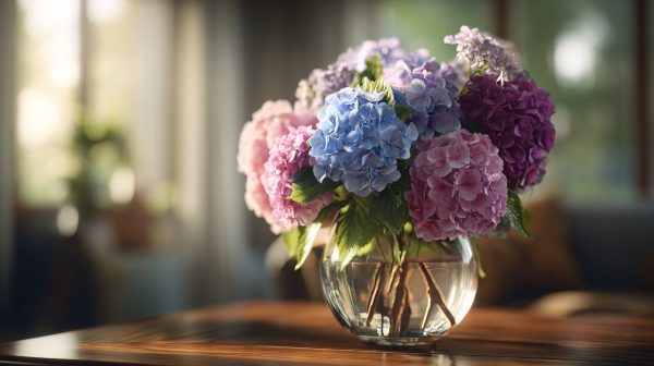 A beautiful bouquet of hydrangeas in a vase on a wooden table.