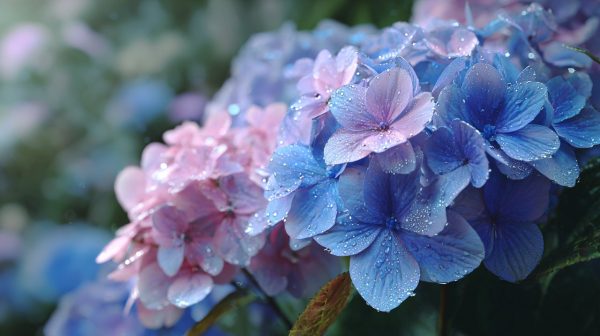 A vibrant cluster of blue and pink hydrangeas with dew drops.
