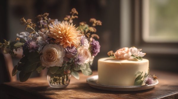 A perfectly sized cake and flower bouquet for a celebration