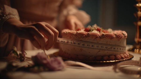 A person looking confused at a cake with a measuring tape