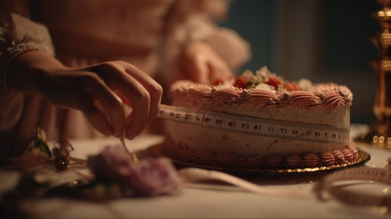 A person looking confused at a cake with a measuring tape