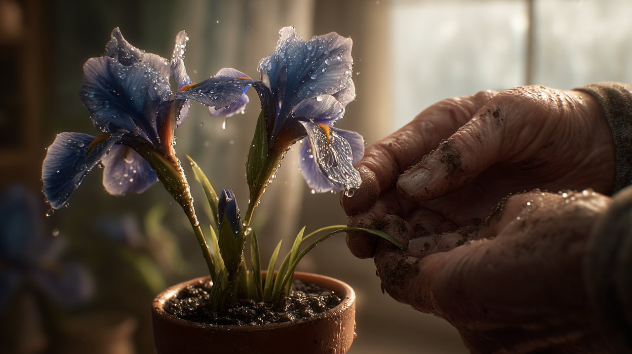 Hands gently tending to a blooming iris plant.