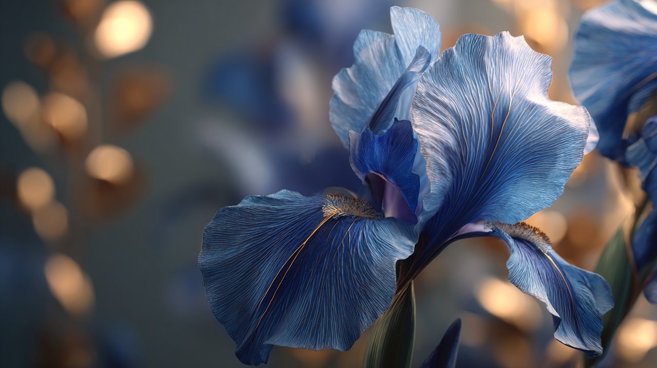 An elegant blue iris against a subtle regal background.
