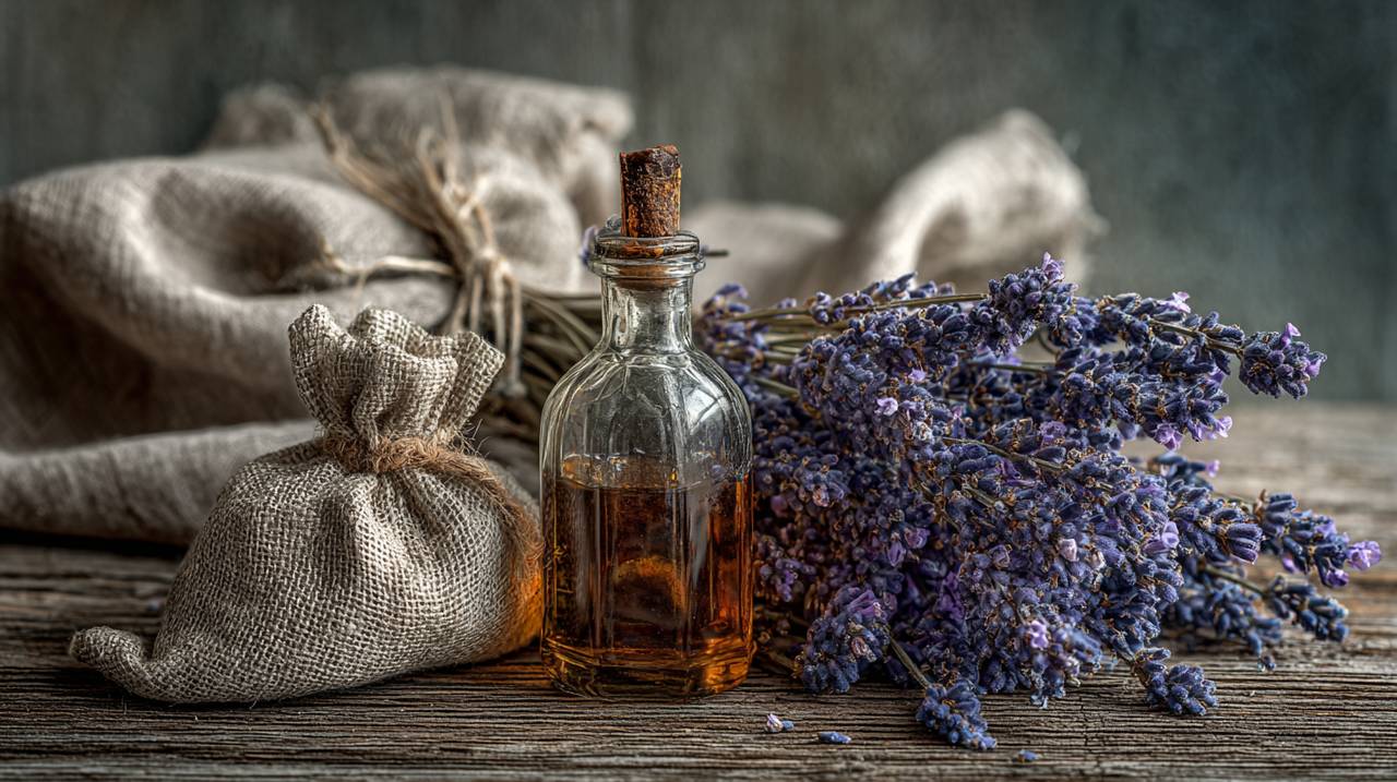 Lavender essential oil and dried lavender flowers.