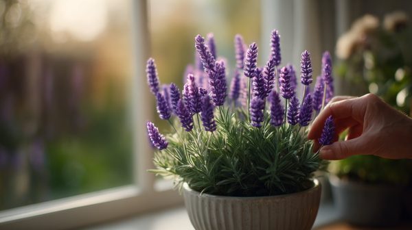 A potted lavender plant being cared for.