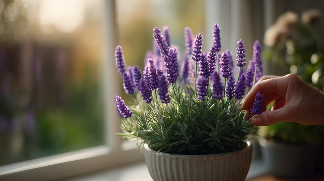 A potted lavender plant being cared for.