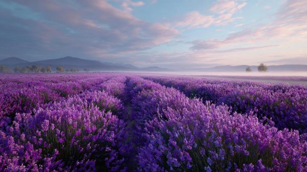 A vast lavender field under soft morning light.