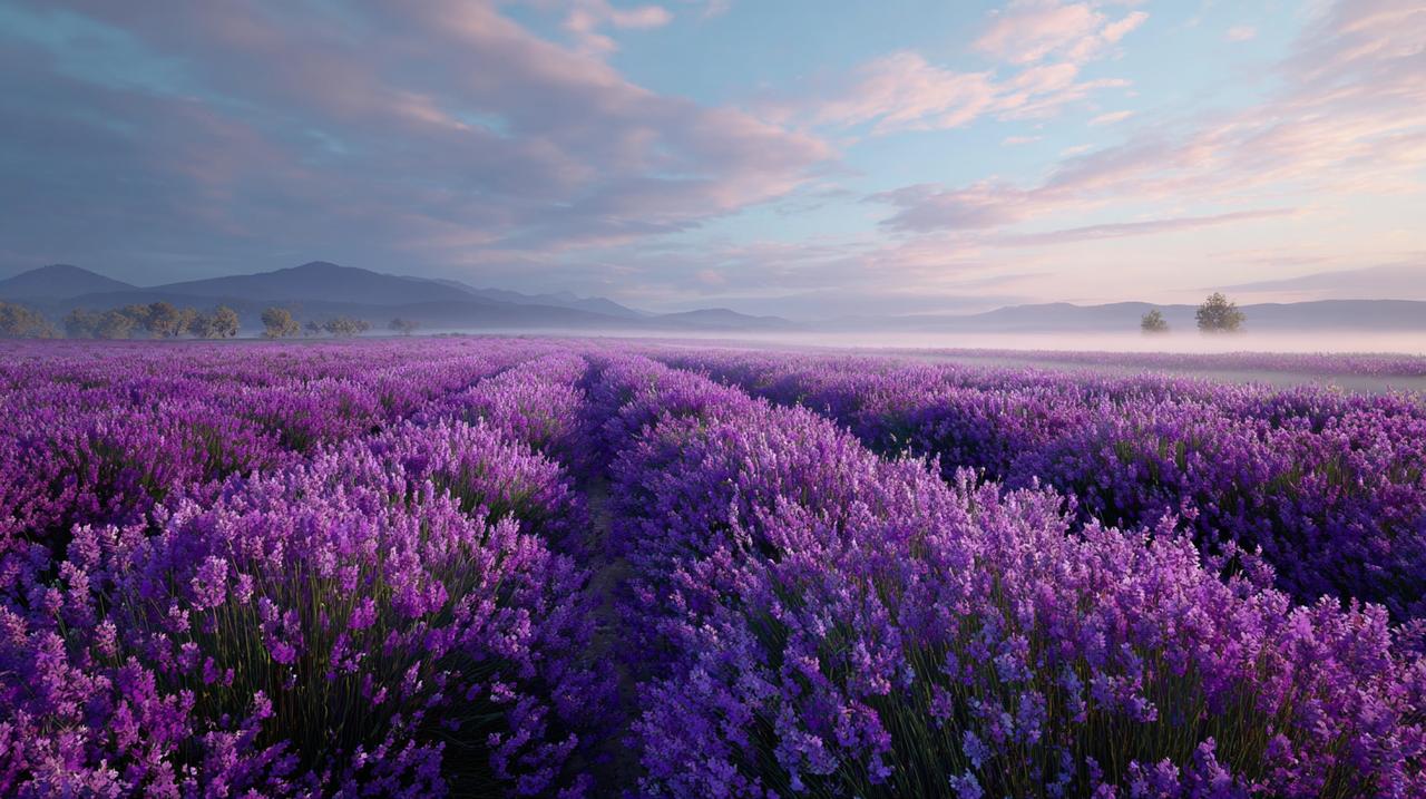 A vast lavender field under soft morning light.