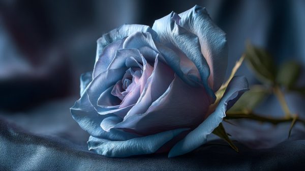 A romantic scene with a blue enchantress rose, symbolizing unique love.
