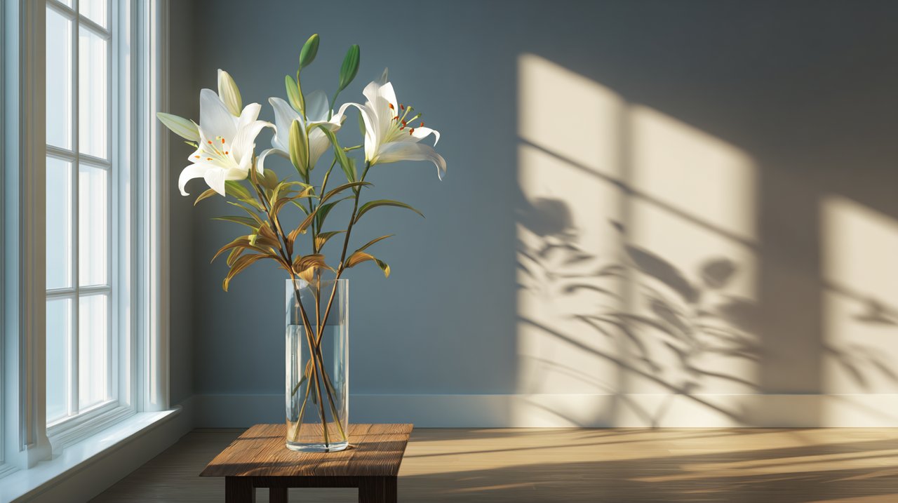 A vase of elegant white lilies placed in a modern, sunlit living room.