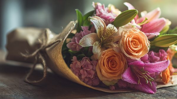 A fresh, beautifully arranged bouquet of mixed flowers.