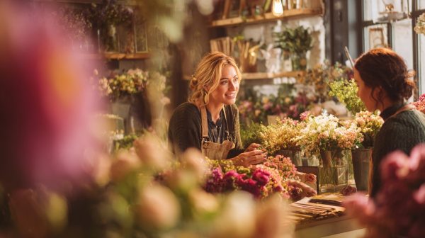 A florist consulting with a customer, creating a custom flower arrangement.