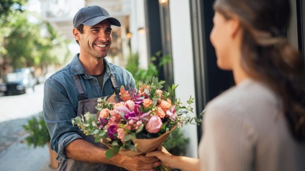 Local flower delivery in progress, a person receiving a bouquet.
