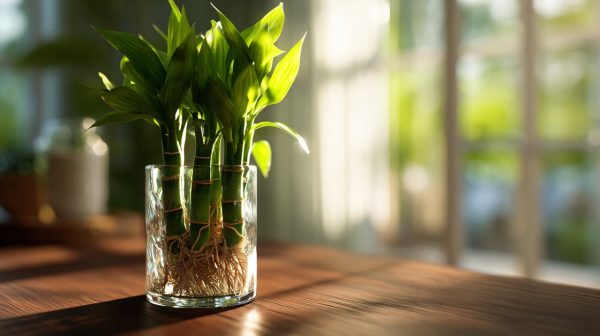 Close-up of vibrant lucky bamboo stalks on a wooden desk.