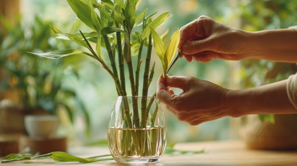 Hands gently tending to lucky bamboo in a vase.