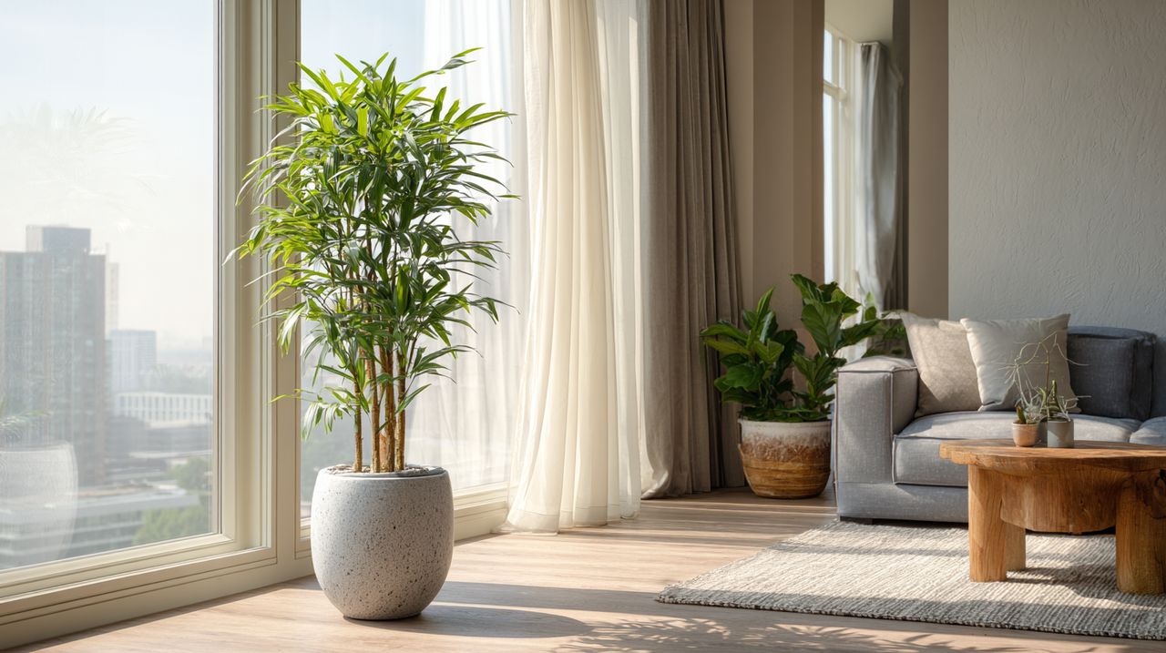 Lucky bamboo in a modern living room setting.