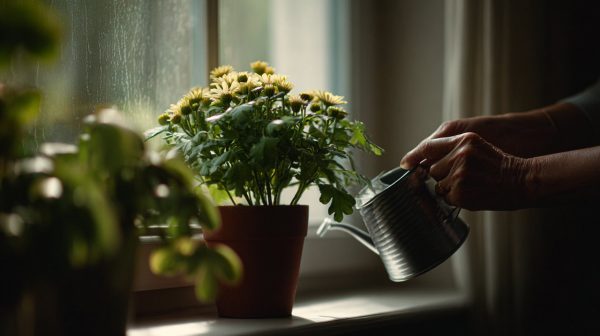 Hands gently watering a potted Margarite flower.