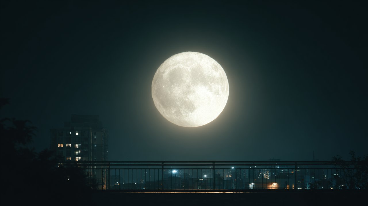 A full moon illuminates a quiet urban scene, symbolizing reflective Mid-Autumn Festival thoughts.