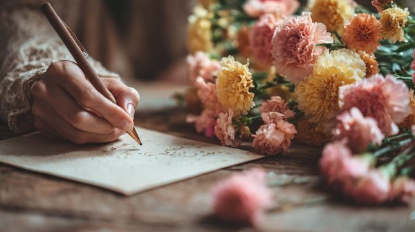 A hand writing a heartfelt message on a card next to a bouquet of thoughtful flowers.