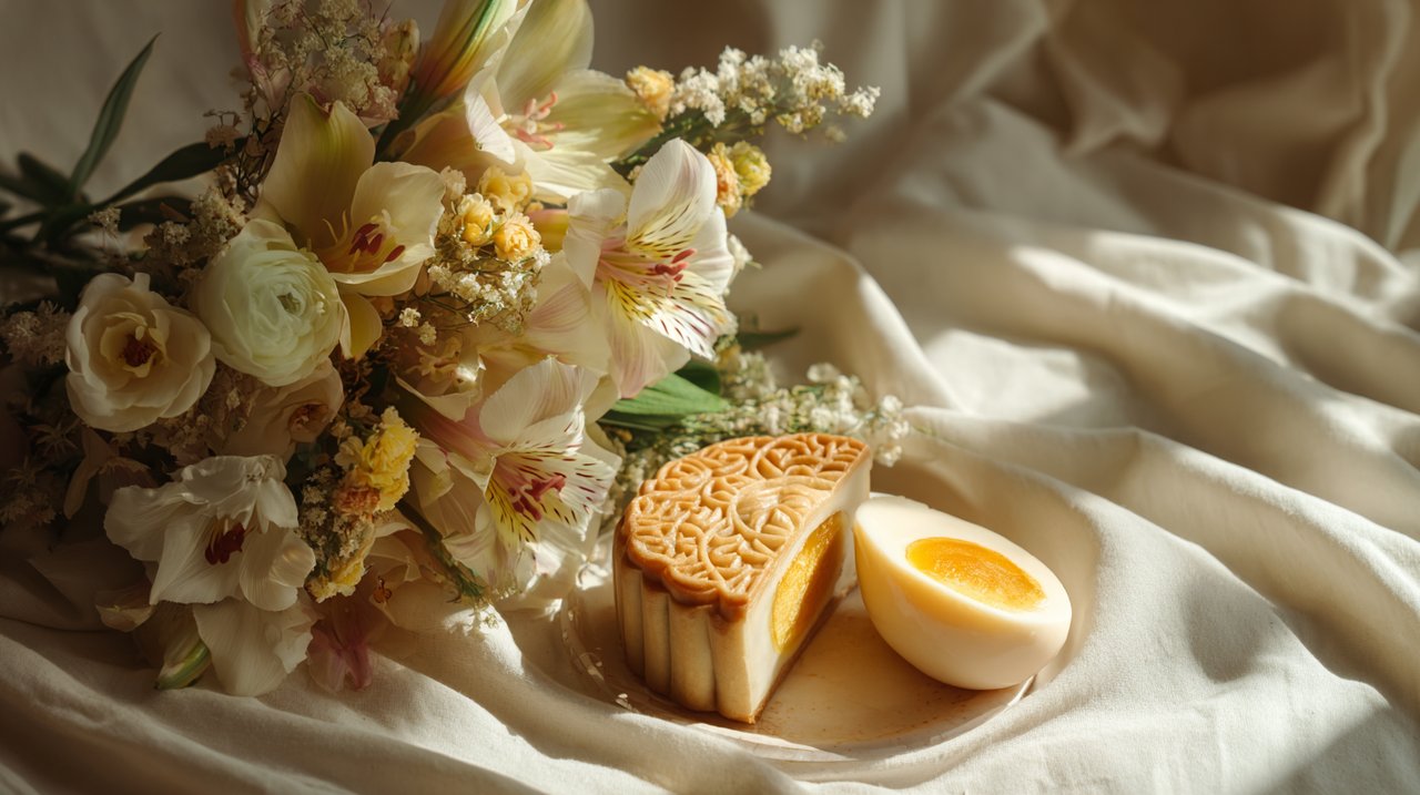 A traditional mooncake next to an elegant floral bouquet.