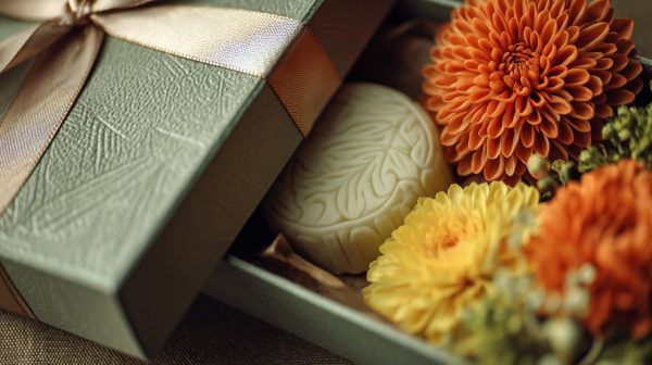 A luxurious gift box for Mid-Autumn Festival, containing mooncakes and flowers.