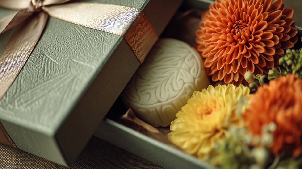 A luxurious gift box for Mid-Autumn Festival, containing mooncakes and flowers.