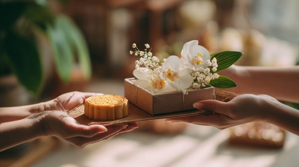 Hands presenting a beautifully wrapped Mid-Autumn Festival gift of mooncakes and flowers.