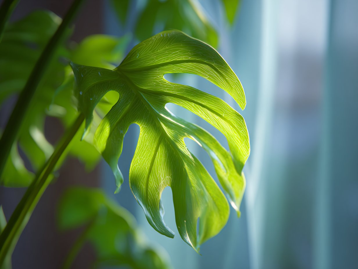 Close-up of a Monstera leaf unfurling, showing new growth.