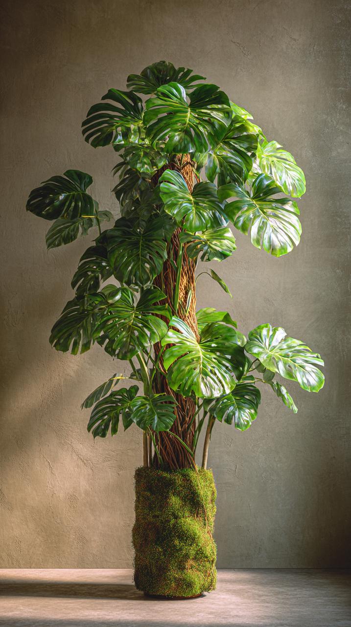 A mature Monstera Deliciosa climbing on a moss pole, showcasing its aerial roots.