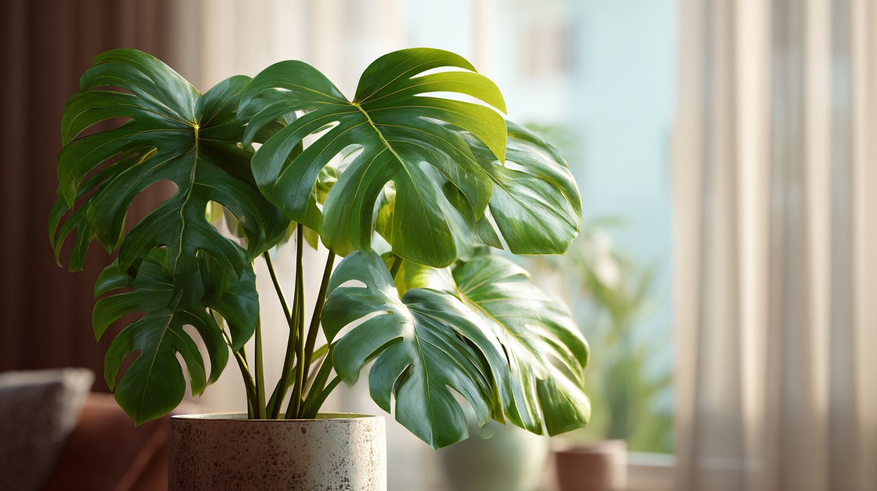 A healthy Monstera Deliciosa plant in a modern living room.