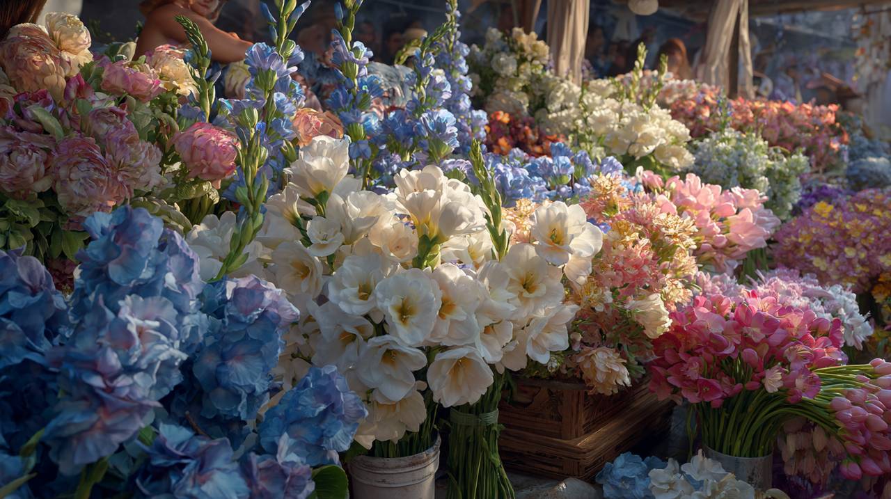 A vibrant assortment of summer flowers in a bustling flower market.