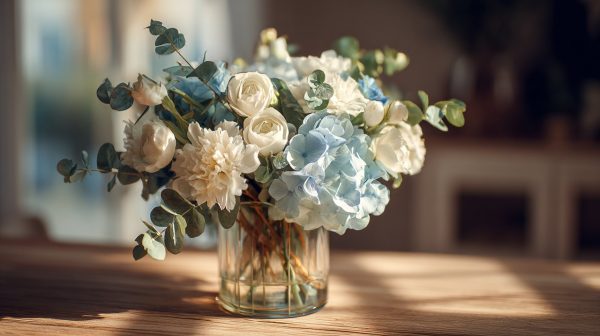A beautiful bouquet of white lisianthus and light blue hydrangeas elegantly displayed in a sunlit home.