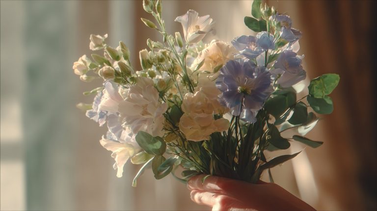 A gentle hand holding a beautiful summer bouquet, bathed in soft light.