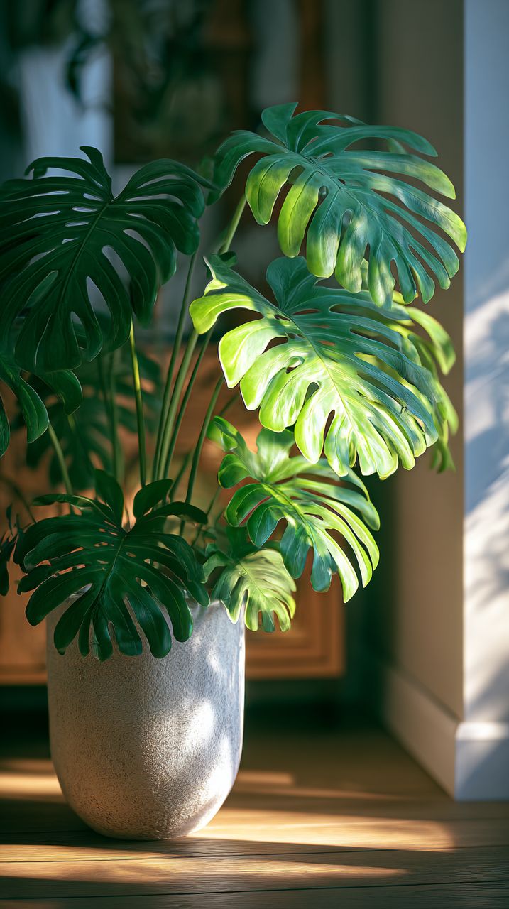 A vibrant Monstera plant in a sunlit room.