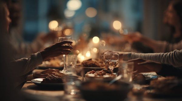 Friends gathered around a dining table in a cozy home.