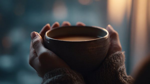 Hands holding a warm tea cup by a winter window.