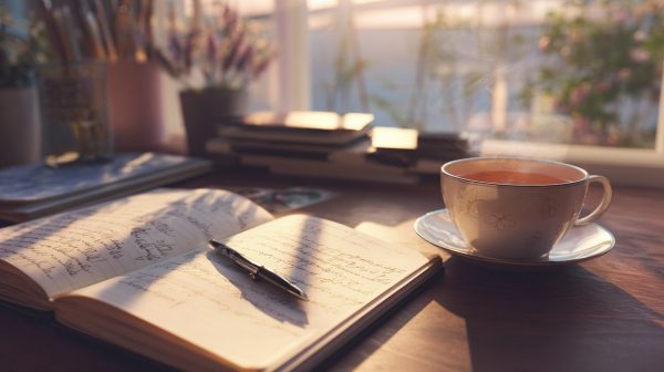 Herbal tea and notebook on a quiet desk.