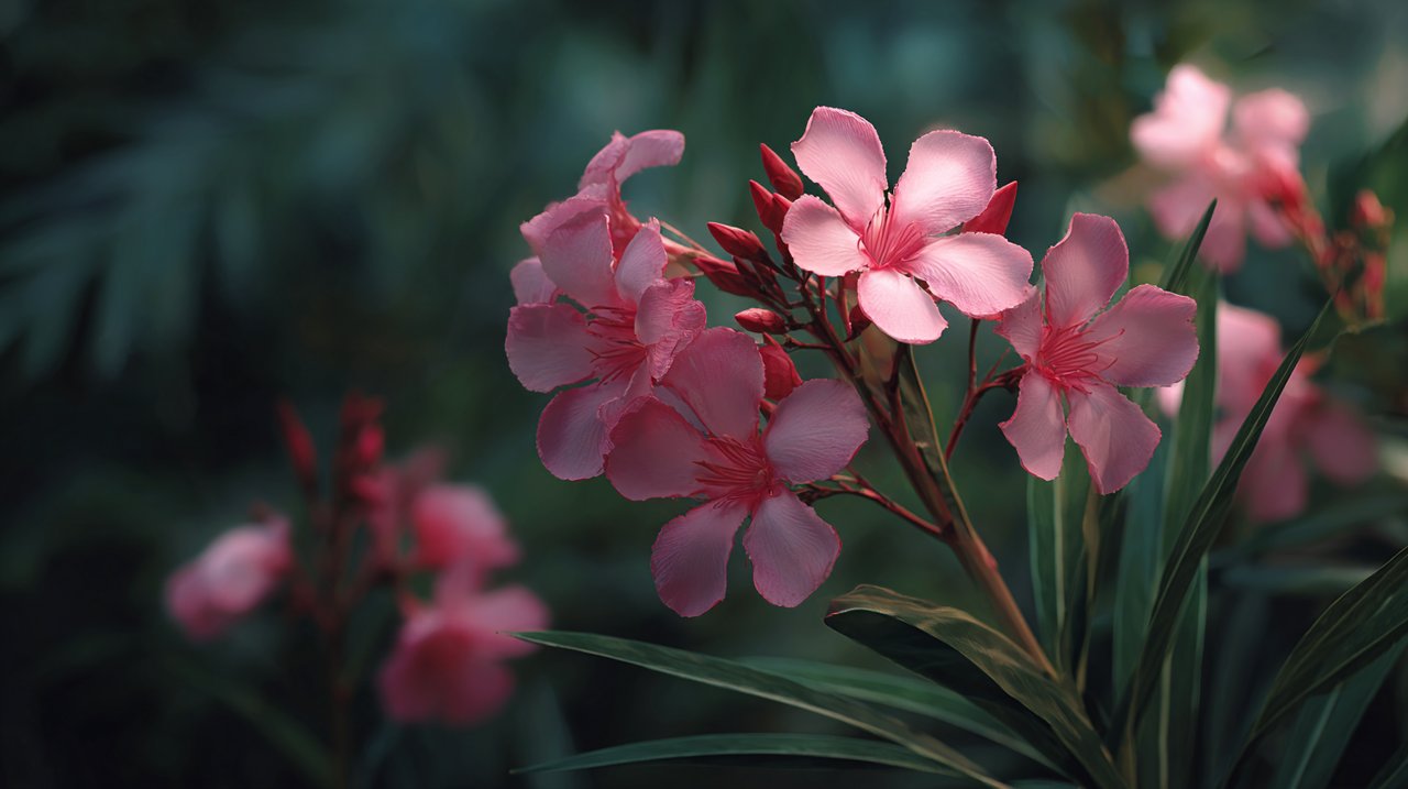 Deep pink oleander flowers with subtle shadows, hinting at hidden complexity.