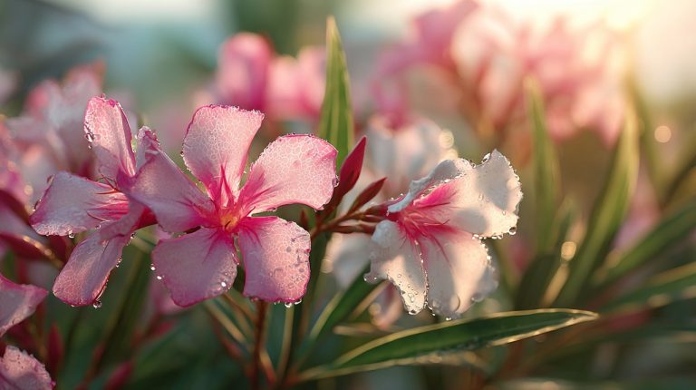 Vibrant pink and white oleander flowers in summer sunlight.