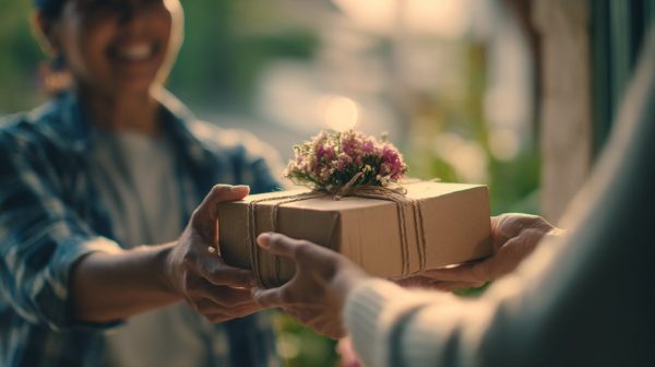 A person receiving a custom flower box from a delivery service.