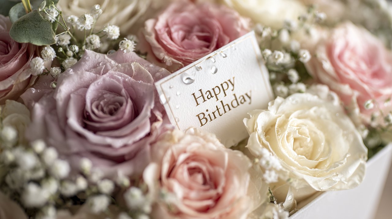 A personalized flower box with a 'Happy Birthday' card.
